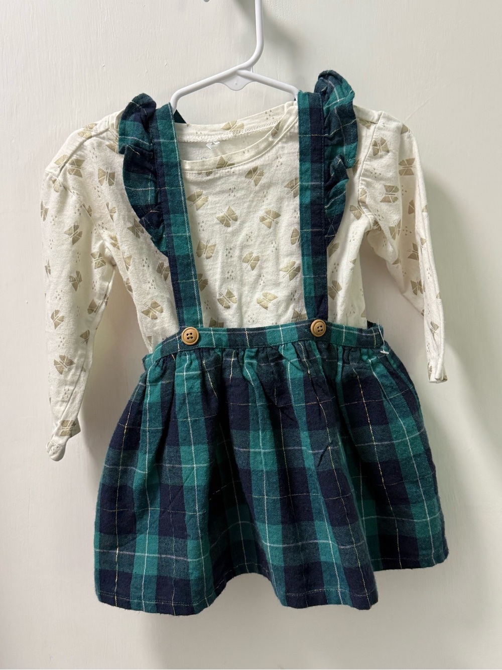 Girls Green and Navy Plaid Suspender Skirt Dress